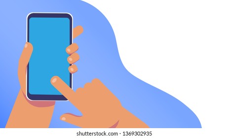 Mobile phone in hand. Smartphone screen. Hand holding smartphone. Finger clicks on the screen