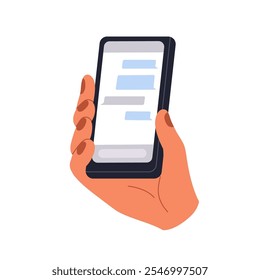 Celular na mão. Tela de smartphone com mensagens de bate-papo on-line. Segurando dispositivo de telefone celular para comunicação digital, interface de mensageiro. Ilustração de vetor plano isolada no plano de fundo branco