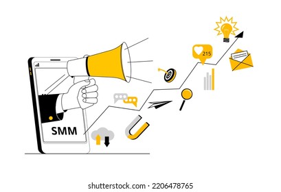 A mobile phone with a hand sticking out of it with a megaphone and an arrow with elements of social media marketing. Vector illustration on the topic of promotion in social networks.