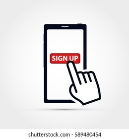Mobile phone with hand tapping on sign up button -vector illustration