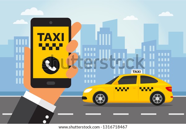 Mobile phone in hand with a\
taxi call on the screen. Taxi service vector illustration in flat\
style.
