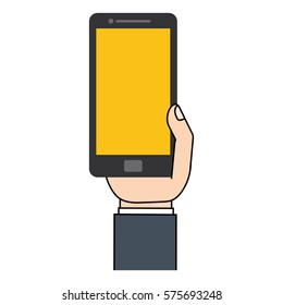 mobile phone in hand technology yellow screen vector illustration eps 10