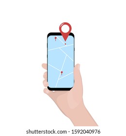 Mobile phone in hand, tracking the delivery of the order. Vector illustration