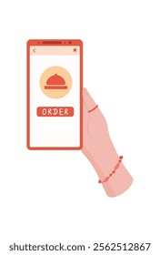 Mobile phone in hand. User holds smart device displaying an order application interface. Customer taps for delivery service, digital technology, online shopping, and practical use in everyday tasks.