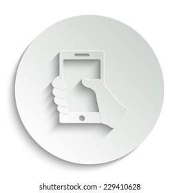 Mobile phone in hand - vector icon with shadow on a round button