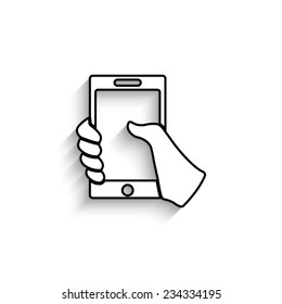Mobile phone in hand  - vector icon with shadow