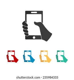 Mobile phone in hand  - vector icon, flat design