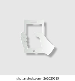 Mobile phone in hand  - vector icon with shadow