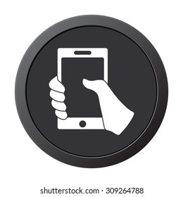 Mobile phone in hand - vector icon, on a grey button