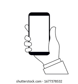 mobile phone in hand. vector illustration. black and white icon with a smartphone with an empty screen.