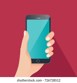 Mobile phone in hand. Vector illustration, isolated on simple background.