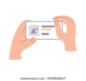 Mobile Phone in Hand. Watching Content in Internet. Choosing an Item in the Online Store. Flat Vector Illustration.