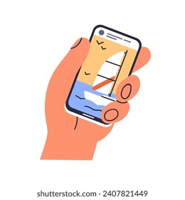 Mobile phone in hand. Watching social media, looking at travel photo, picture on smartphone screen. Holding cellphone with content in internet. Flat vector illustration isolated on white background