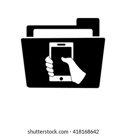 Mobile phone in hand - white vector icon;  black folder