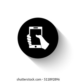 Mobile phone in hand - white vector  icon with shadow