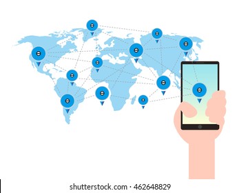 Mobile Phone In a Hand World Map Global Communication Technology Concept Vector Illustration.