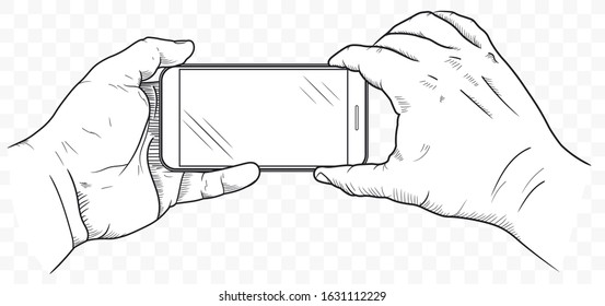 Mobile phone in hands front view. Sketch of hand holding empty smartphone. Vector