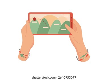 Mobile phone in hands. Hands gripping a smartphone screen with a gaming app open. User enjoys fun game experience on the touchscreen, cartoon graphic style, playful concept, ideal for social media
