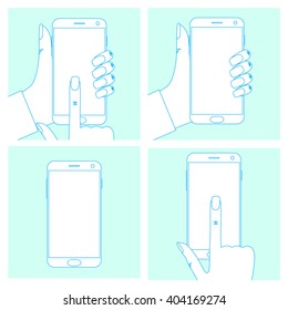 Mobile phone and hands. Linear icons. Bright turquoise background. Vector illustration