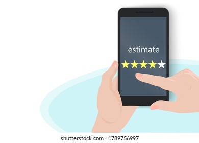A mobile phone is in the hands of a person. App or website quality assessment. Feedback, approval by clicking on the stars. Five stars user rating. Vector illustration.

