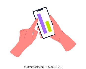 Teléfono móvil en las manos. Usuario de smartphone, pantalla de dispositivo táctil de mano humana y Ilustración vectorial plana de desplazamiento o golpeteo. Manos de la historieta que sostienen el smartphone