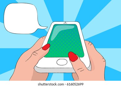 Mobile phone in hands with text bubble. Smartphone pop art vector illustration. Speaking cellphone with empty screen. Touchscreen phone in woman's hands. White phone with round button banner template