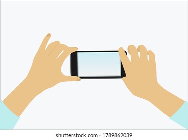 Teléfono móvil en manos. Ilustración vectorial. Fondo blanco aislado.
