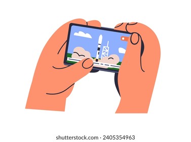 Mobile phone in hands, watching live news, online video broadcast. Holding smartphone, cellphone display, horizontal screen. Watch internet media. Flat vector illustration isolated on white background