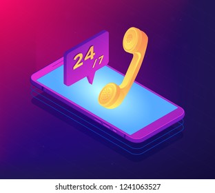 Handy mit Handy und Kundenservice 24 7. Mobile Kundenservice, 24 7 Kundensupport, mobiles Selbstbedienungskonzept. Ultraviolett Neon Vektorisometrie 3D-Illustration.