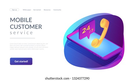 Mobile phone with handset and customer service available 24 7. Mobile customer service, 24 7 customer support, mobile self-service concept. Isometric 3D website app landing web page template