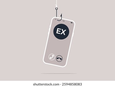 A mobile phone hangs from a hook, showcasing an incoming call labeled 'ex.' This artistic representation highlights the complex emotions associated with past romantic connections.