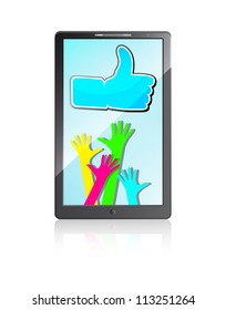 Mobile phone with Happy hands and "Like" symbol on a white background