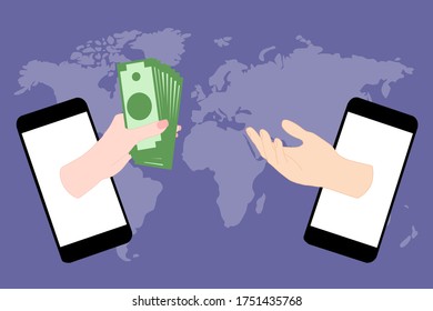 The mobile phone has a hand send money to other hand from other smartphone. The transfer application Internet banking concept.  Wireless money transfer. contactless payment. Online shopping. 