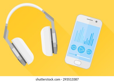 Mobile phone and headphones with long shadow. Flat style vector illustration.