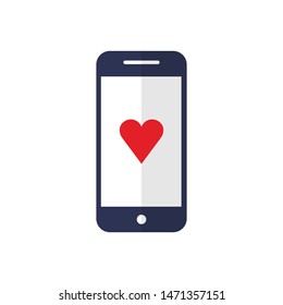 Mobile phone with heart icon on the screen. Social media like in smartphone.