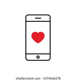 Mobile phone with heart icon on the screen. Social media like in smartphone.