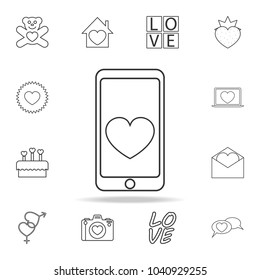 mobile phone with heart icon. Set of Love element icons. Premium quality graphic design. Signs, outline symbols collection icon for websites, web design, mobile app on white background