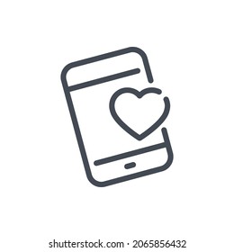Mobile phone with heart line icon. Online dating and Send a like vector outline sign.
