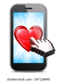 Mobile phone with heart on display and computer mouse cursor
