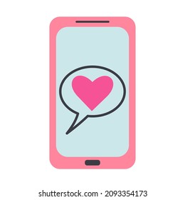 Mobile phone with heart on the screen. Sending love message concept. Vector flat illustration.