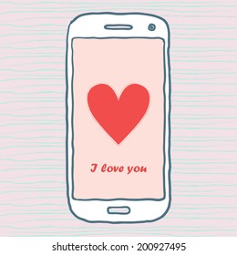 Mobile phone with heart. Romantic. Vector illustration.