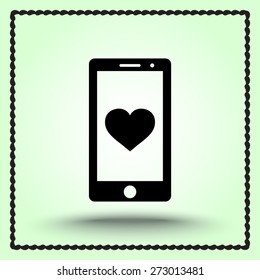 Mobile phone with heart sign icon, vector illustration. Flat design style
