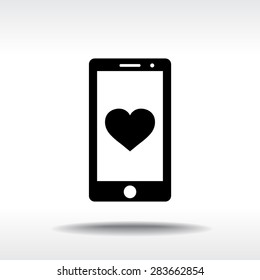 Mobile phone with heart sign icon, vector illustration. Flat design style