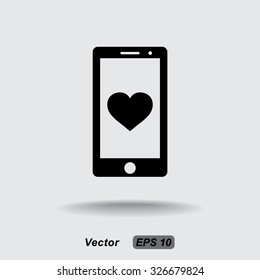 Mobile phone with heart sign icon, vector illustration. Flat design style