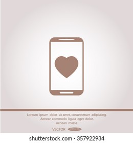 Mobile phone with heart sign icon, vector illustration.