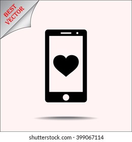 Mobile phone with heart sign icon, vector illustration. Flat design style