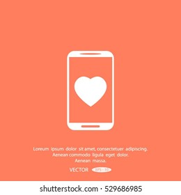 Mobile phone with heart sign icon, vector illustration.