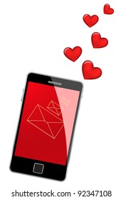 Mobile phone with hearts isolated on a white background. Vector illustration.