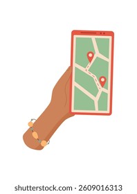 A mobile phone held in a hand. A smartphone with a digital map application. The user interacts with the touchscreen for navigation and GPS services, social media context, cool visual style, versatile