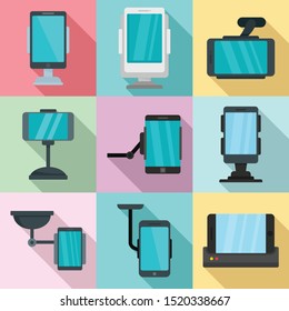 Mobile phone holder icons set. Flat set of mobile phone holder vector icons for web design